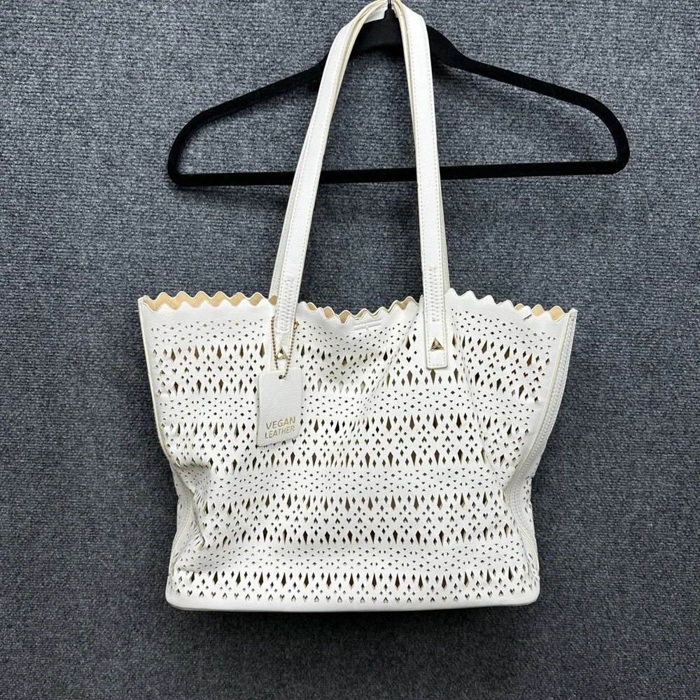 Madison West Laser Cut Perforated Scalloped White Vegan Leather‎ Tote Bag